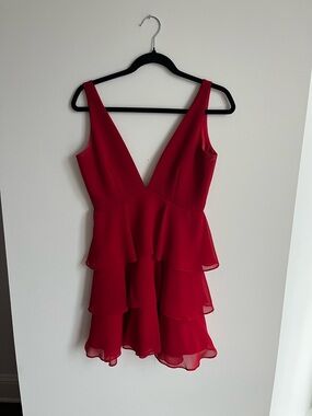 Privacy Please Red Tiered V-Neck Mini Dress